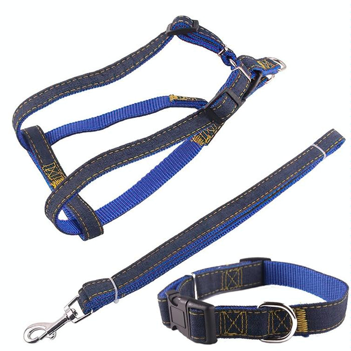 Strong Denim Dog Leash Set Leash Chest Strap Collar Size L