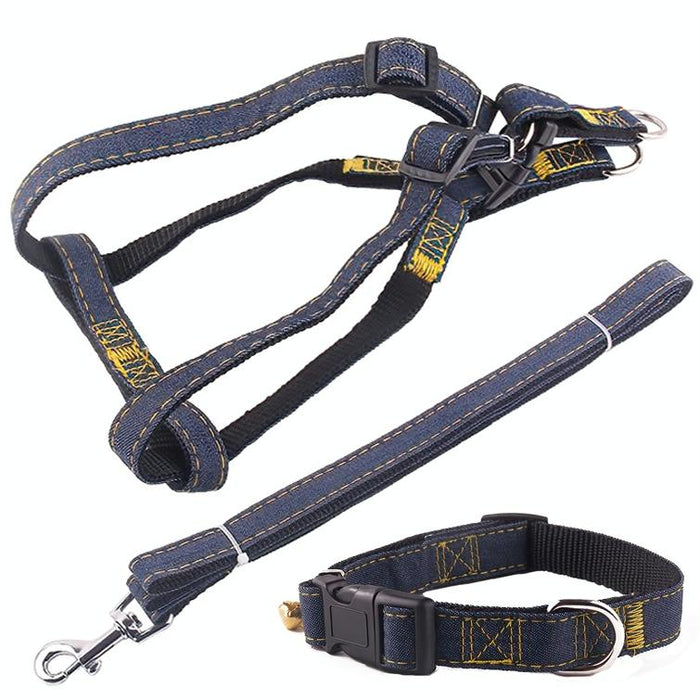 Strong Denim Dog Leash Set Leash Chest Strap Collar Size L