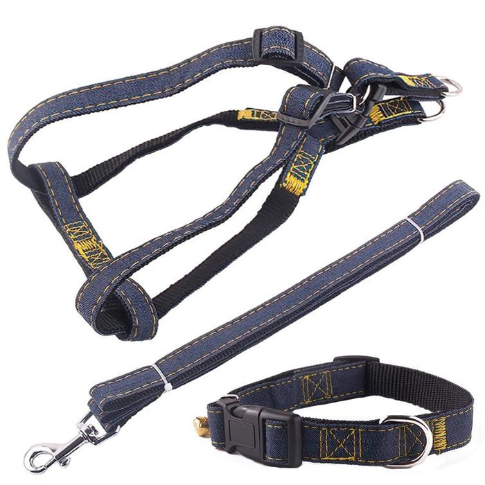 Strong Denim Dog Leash Set Leash Chest Strap Collar Size L