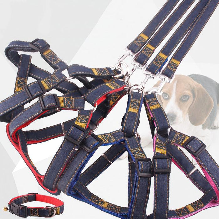 Strong Denim Dog Leash Set Leash Chest Strap Collar Size L