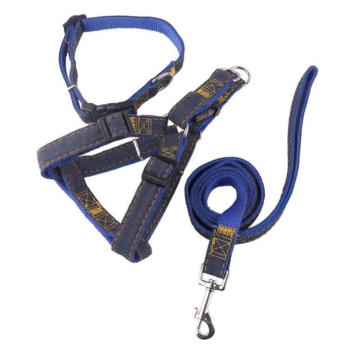 Strong Denim Dog Leash Set Leash Chest Strap Collar Size L