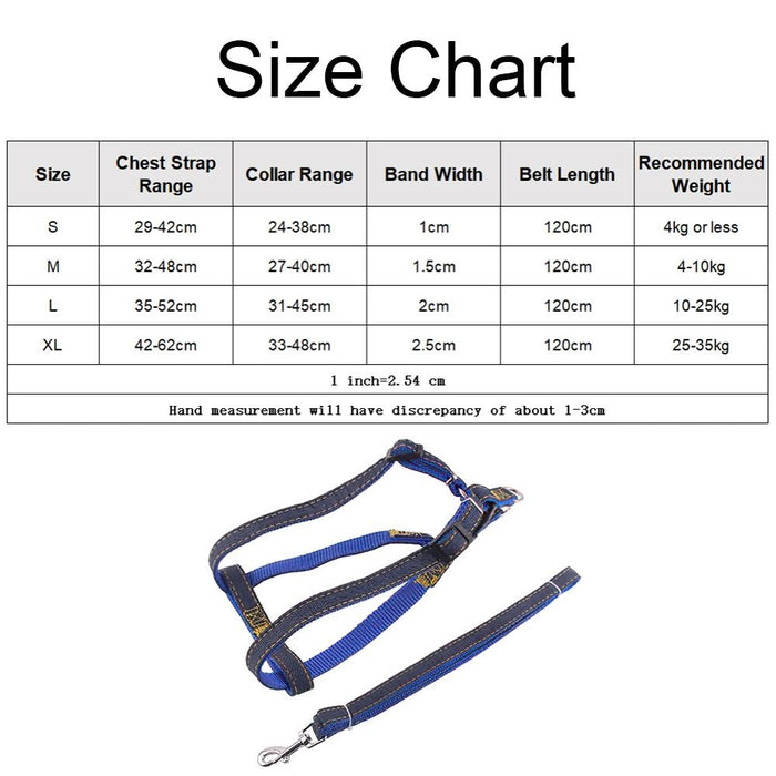 Strong Denim Dog Leash Set Leash Chest Strap Collar Size L