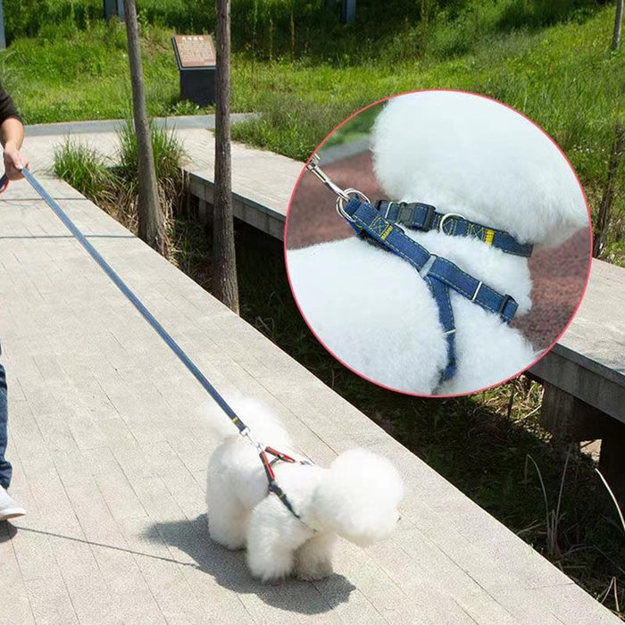 Strong Denim Dog Leash Set Leash Chest Strap Collar Size L