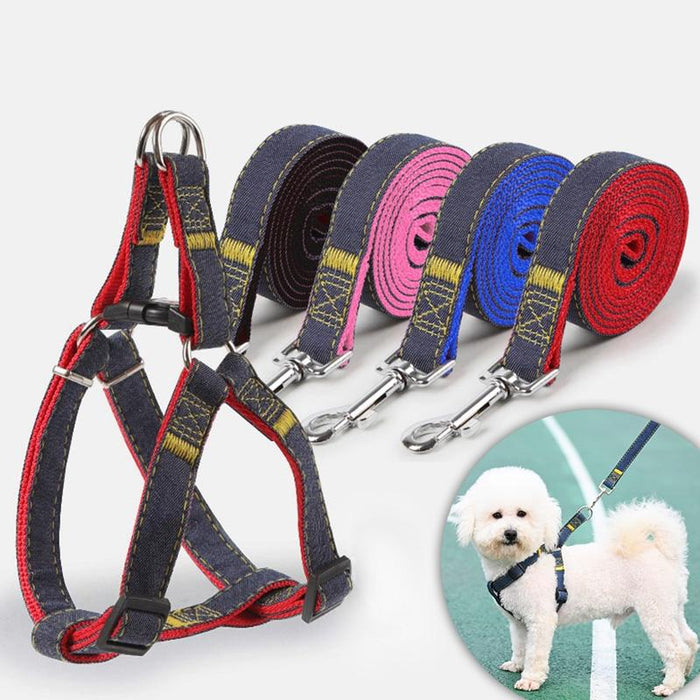 Strong Denim Dog Leash Set Leash Chest Strap Collar Size L