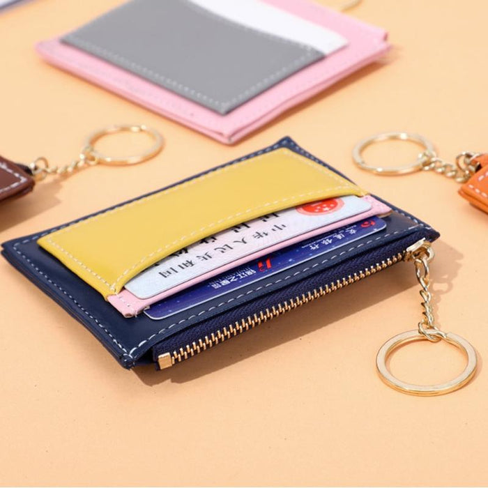 Portable Simple Card Holder Coin Purse With Keychain Unisex Pu Wallet
