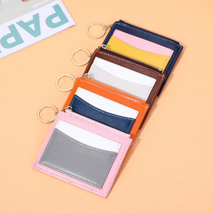 Portable Simple Card Holder Coin Purse With Keychain Unisex Pu Wallet