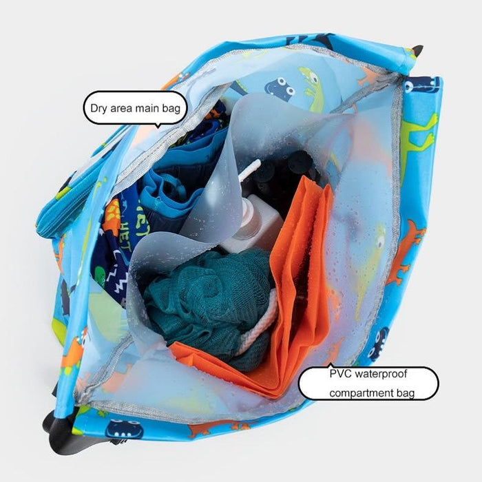 Blue Waterproof Drawstring Beach Bag L Size For Kids Wet & Dry Separation Shoulder Strap