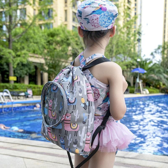 Blue Waterproof Drawstring Beach Bag L Size For Kids Wet & Dry Separation Shoulder Strap