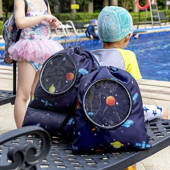 Blue Waterproof Drawstring Beach Bag L Size For Kids Wet & Dry Separation Shoulder Strap