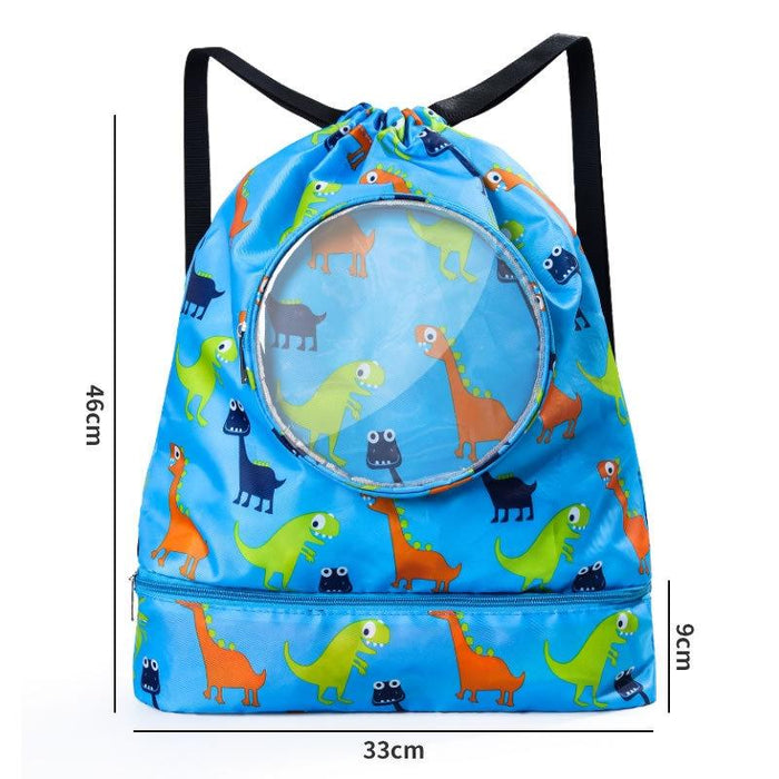 Blue Waterproof Drawstring Beach Bag L Size For Kids Wet & Dry Separation Shoulder Strap
