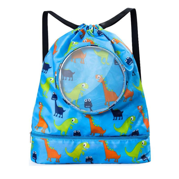 Blue Waterproof Drawstring Beach Bag L Size For Kids Wet & Dry Separation Shoulder Strap