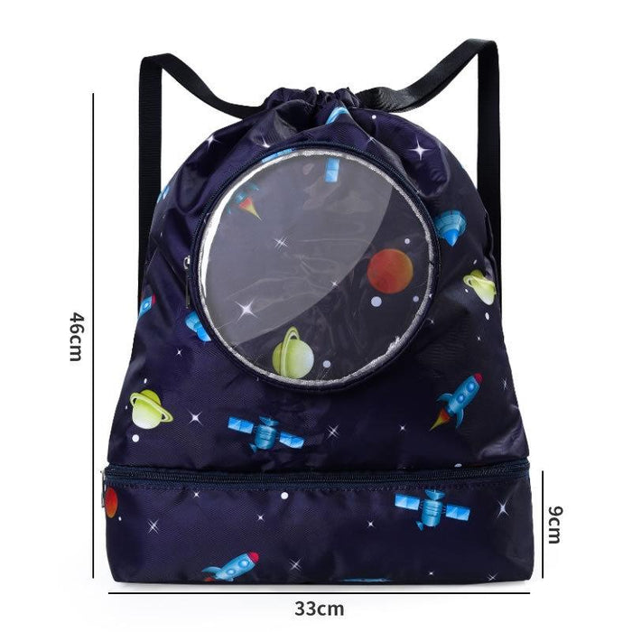 Blue Waterproof Drawstring Beach Bag L Size For Kids Wet & Dry Separation Shoulder Strap