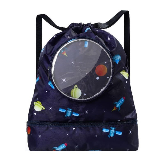 Blue Waterproof Drawstring Beach Bag L Size For Kids Wet & Dry Separation Shoulder Strap