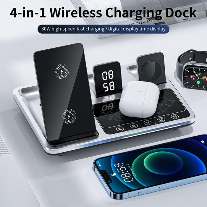 30W 4 In 1 Wireless Charger With Ambient Light Silver / Black