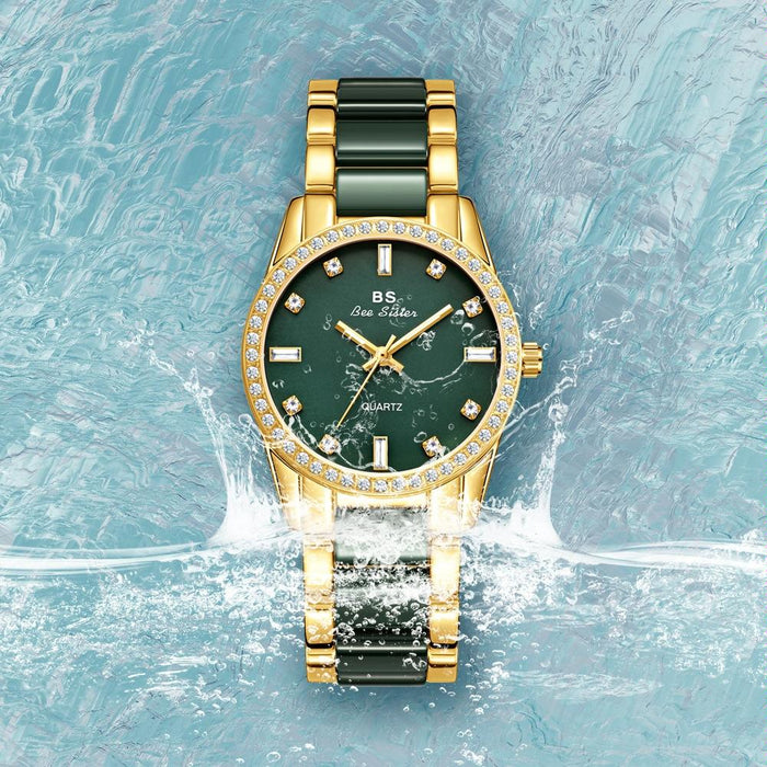 Fa1629 Vintage Ceramic Rhinestone Women Watch Peacock Green