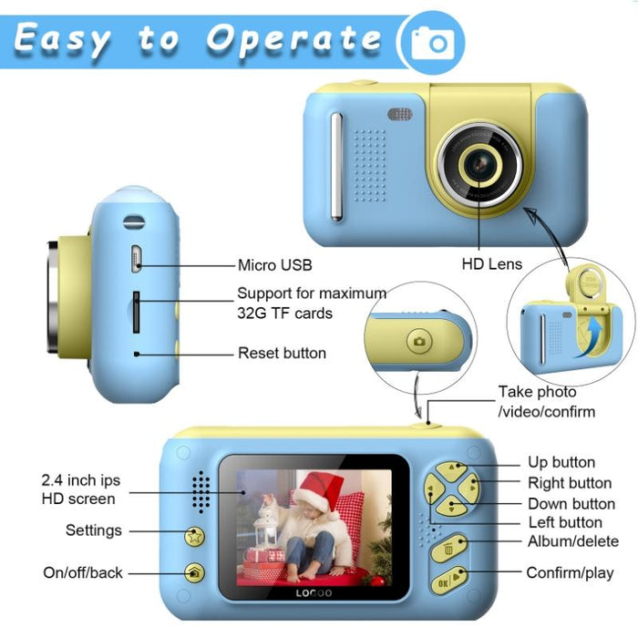 2.4 Inch Hd Reversible Kids Camera Yellow Blue With Bracket