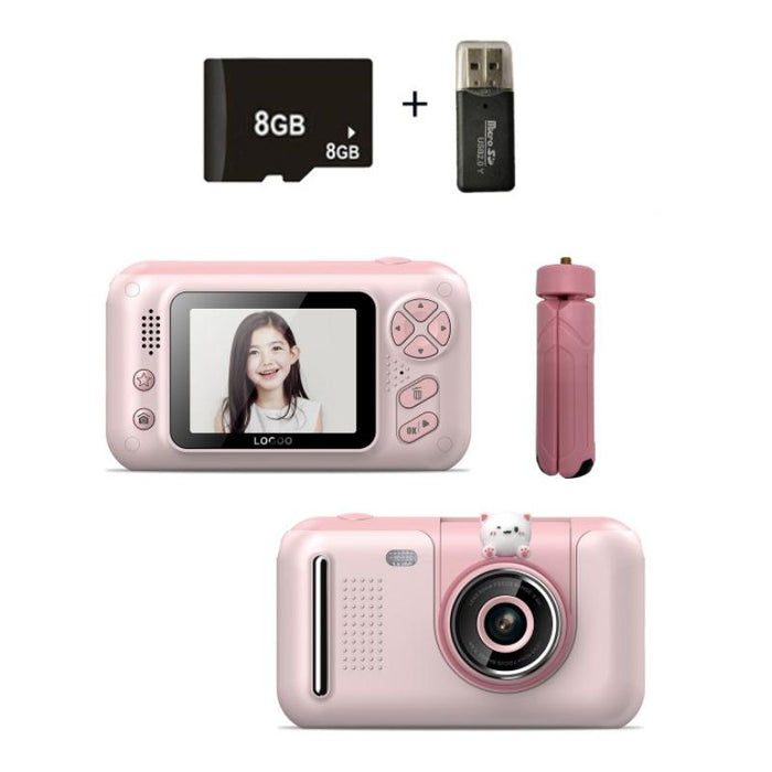 2.4 Inch Hd Reversible Kids Camera  &  8G Memory Card & Reader Pink