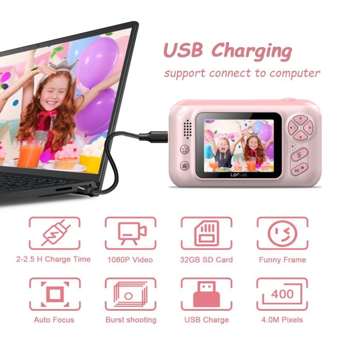 2.4 Inch Hd Reversible Kids Camera Pink  &  16G Memory  &  Reader