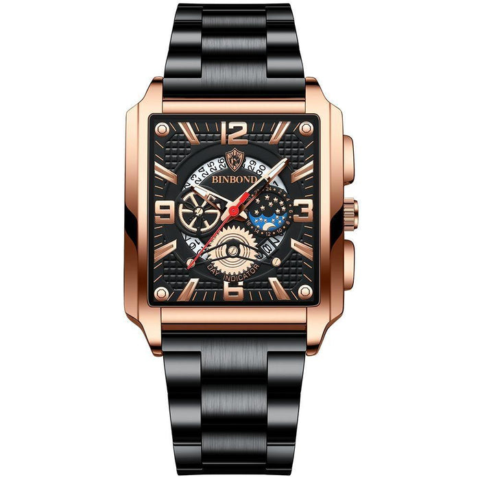 B6575 Men Vintage Square Multifunctional Luminous Quartz Watch Black-Rose Gold-Black-Rose