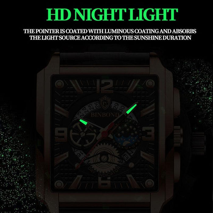 B6575 Men Vintage Square Multifunctional Luminous Quartz Watch Black-Rose Gold-Black-Rose