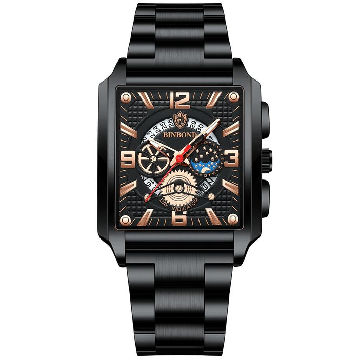 B6575 Men Vintage Square Multifunctional Luminous Quartz Watch Black-Black-Black-Rose