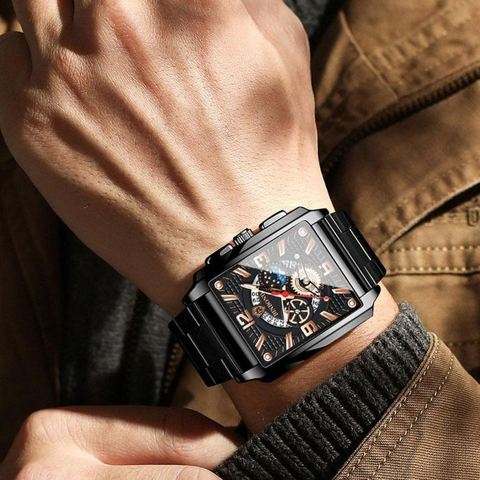 B6575 Men Vintage Square Multifunctional Luminous Quartz Watch Full Gold-Black