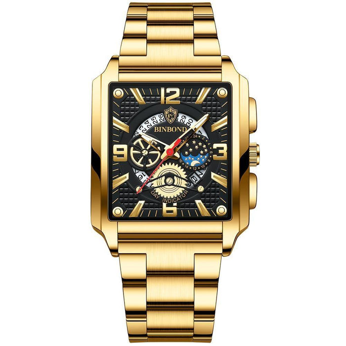 B6575 Men Vintage Square Multifunctional Luminous Quartz Watch Full Gold-Black
