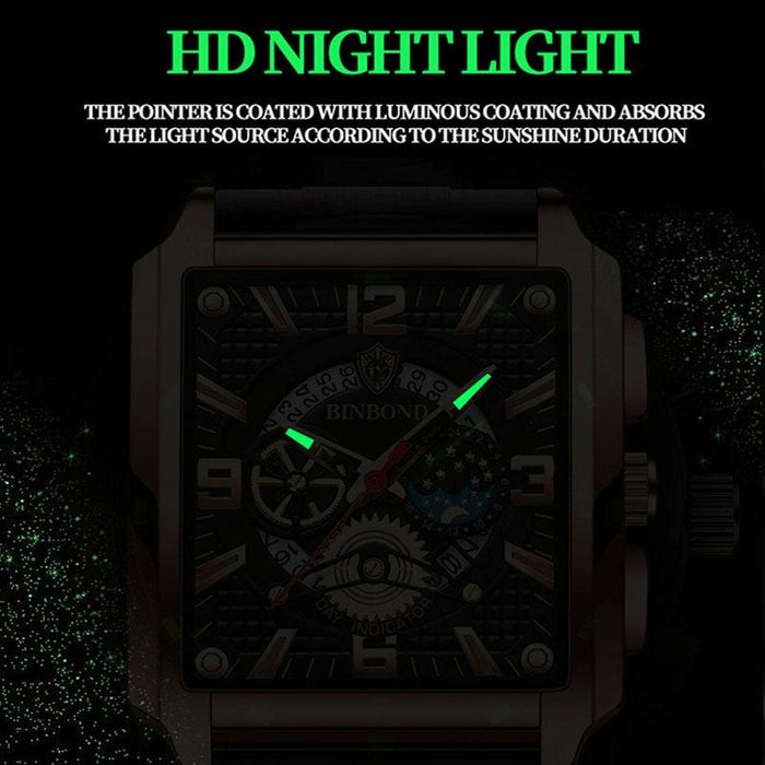 B6575 Men Vintage Square Multifunctional Luminous Quartz Watch Brown Leather-Rose Gold-Black