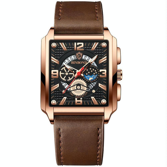 B6575 Men Vintage Square Multifunctional Luminous Quartz Watch Brown Leather-Rose Gold-Black
