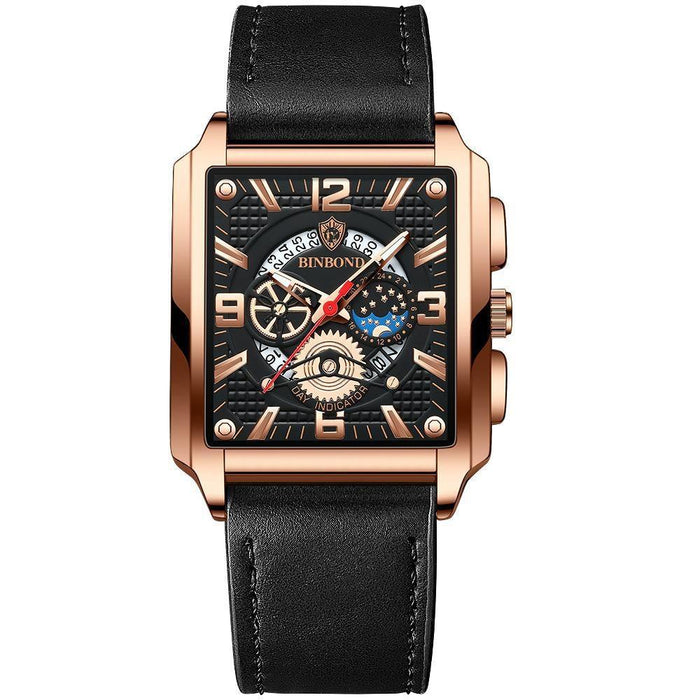 B6575 Men Vintage Square Multifunctional Luminous Quartz Watch Black Leather-Rose Gold-Black