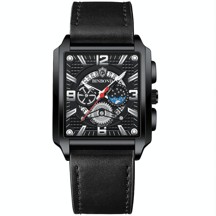 B6575 Men Vintage Square Multifunctional Luminous Quartz Watch Black Leather-Black-Black