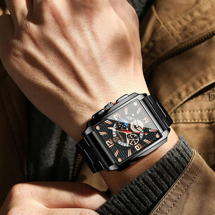 B6575 Men Vintage Square Multifunctional Luminous Quartz Watch Black Leather-Black-Black