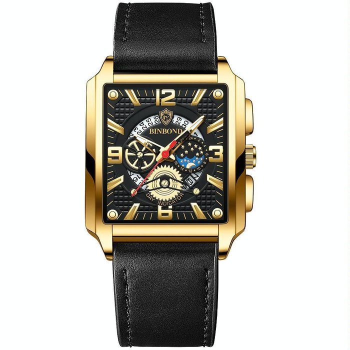 B6575 Men Vintage Square Multifunctional Luminous Quartz Watch Black Leather-Full Black-Black