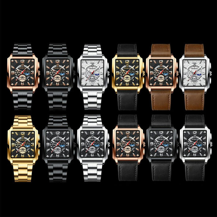 B6575 Men Vintage Square Multifunctional Luminous Quartz Watch Black Leather-Full Black-Black
