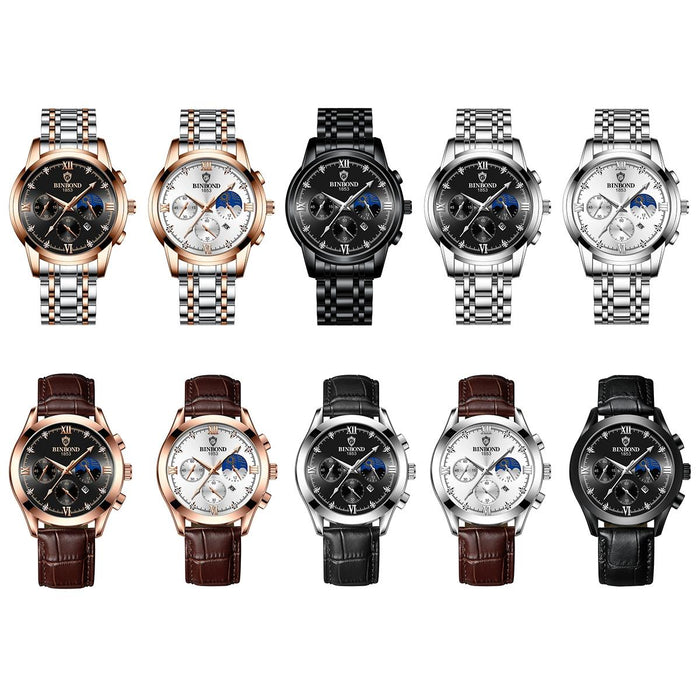 B3591 30M Waterproof Luminous Calendar Men Watch Black Steel-Black