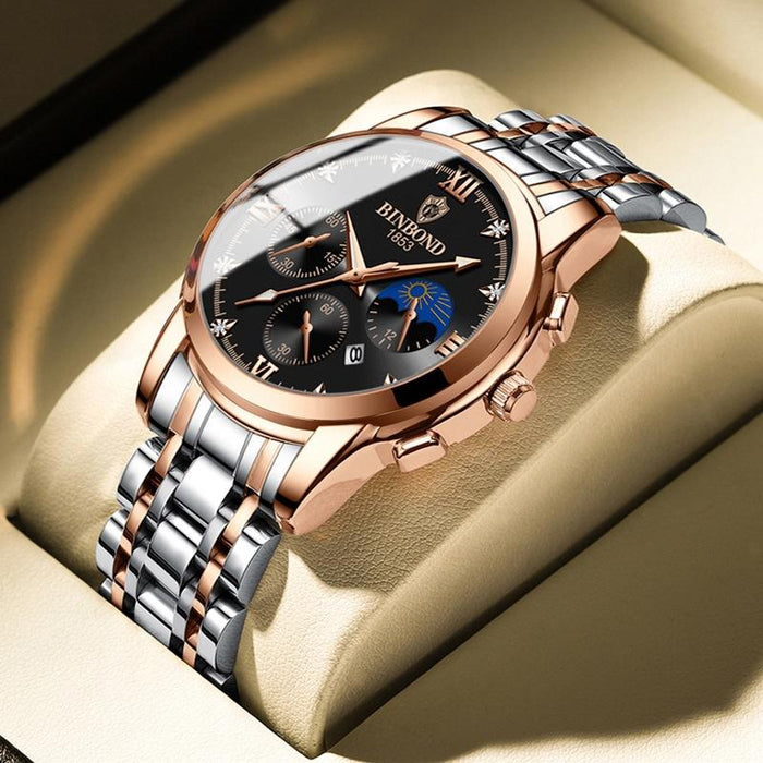 B3591 30M Waterproof Luminous Calendar Men Watch Black Steel-Black