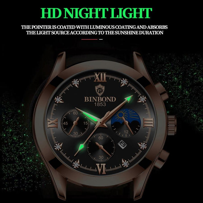 B3591 30M Waterproof Luminous Calendar Men Watch Black Steel-Black