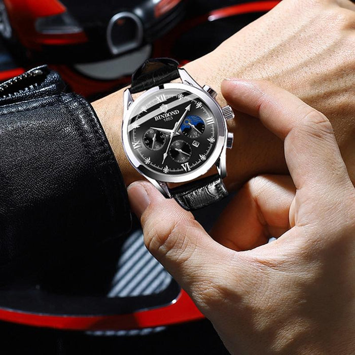 B3591 30M Waterproof Luminous Calendar Men Watch Black Steel-Black