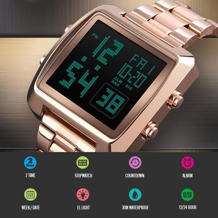 1369 Retro Waterproof Gold Men Steel Belt Luminous Square Watch