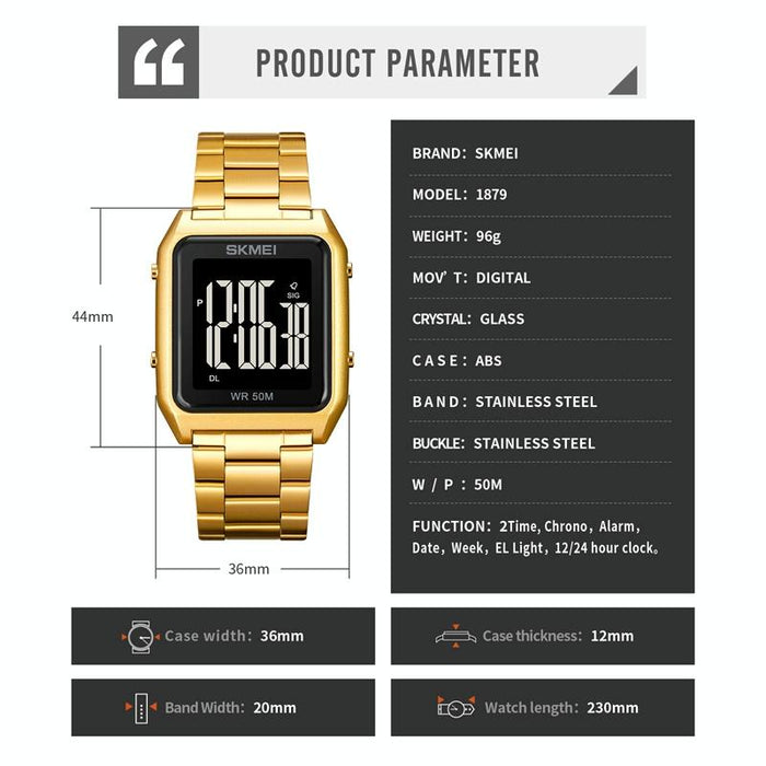 1879 Square Large Screen Men Steel Belt Multi-Function El Luminous Watch Gold