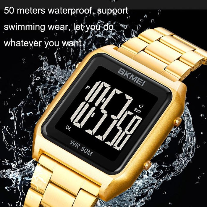 1879 Square Large Screen Men Steel Belt Multi-Function El Luminous Watch Silver