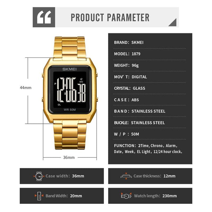 1879 Square Large Screen Men Steel Belt Multi-Function El Luminous Watch Silver