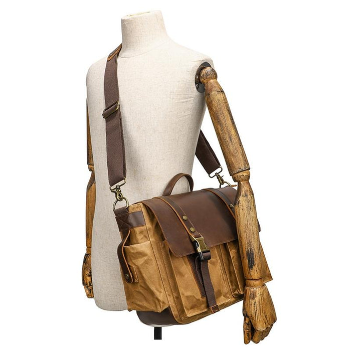 Leather Waxed Canvas Crossbody Bag For Outdoors