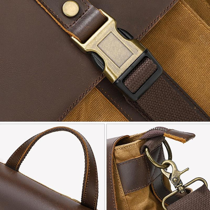 Leather Waxed Canvas Crossbody Bag For Outdoors