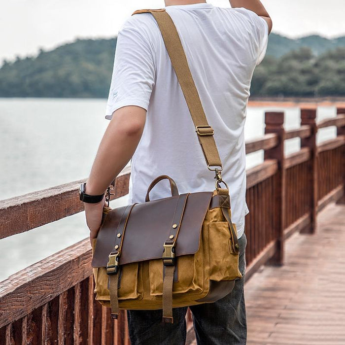Leather Waxed Canvas Crossbody Bag For Outdoors