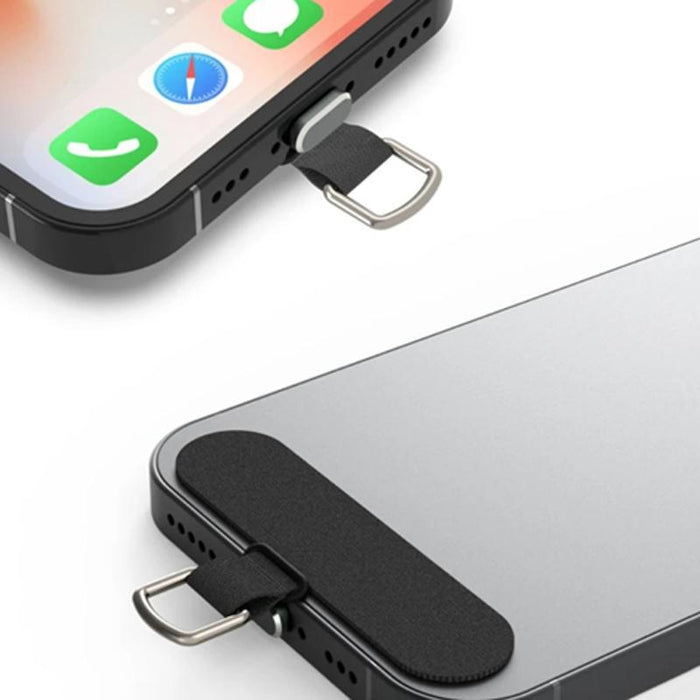 2 In 1 Phone Charger Dust Plug + Lanyard Set Black