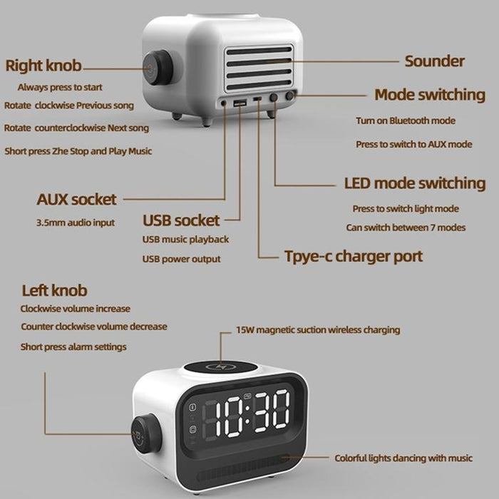 15W 3-In-1 Ambient Light Digital Display Clock Bluetooth Speaker Magnetic Wireless Charger