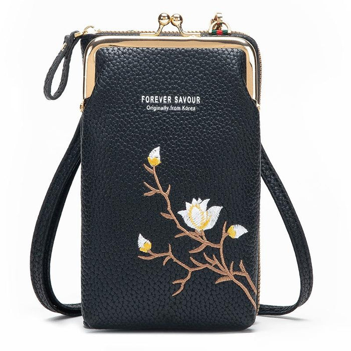 Black Embroidered Single Shoulder Phone Bag Wallet