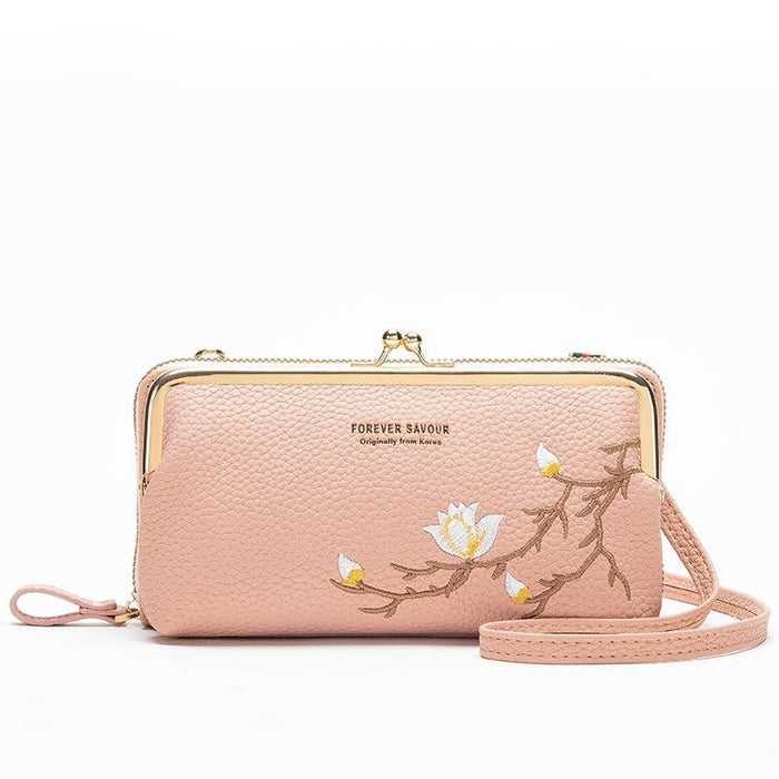 Black Embroidered Crossbody Wallet With Large Capacity