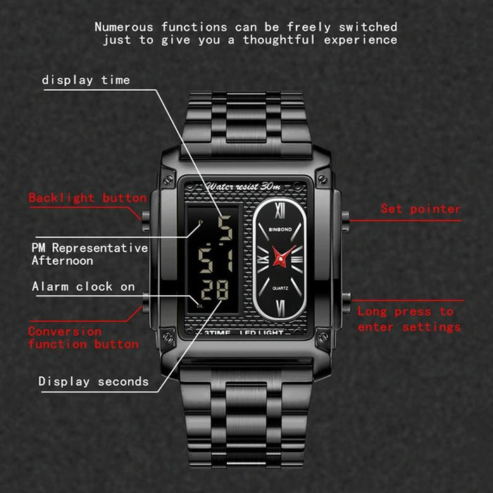 B2311 30M Waterproof Men Led Luminous Multifunctional Quartz Watch